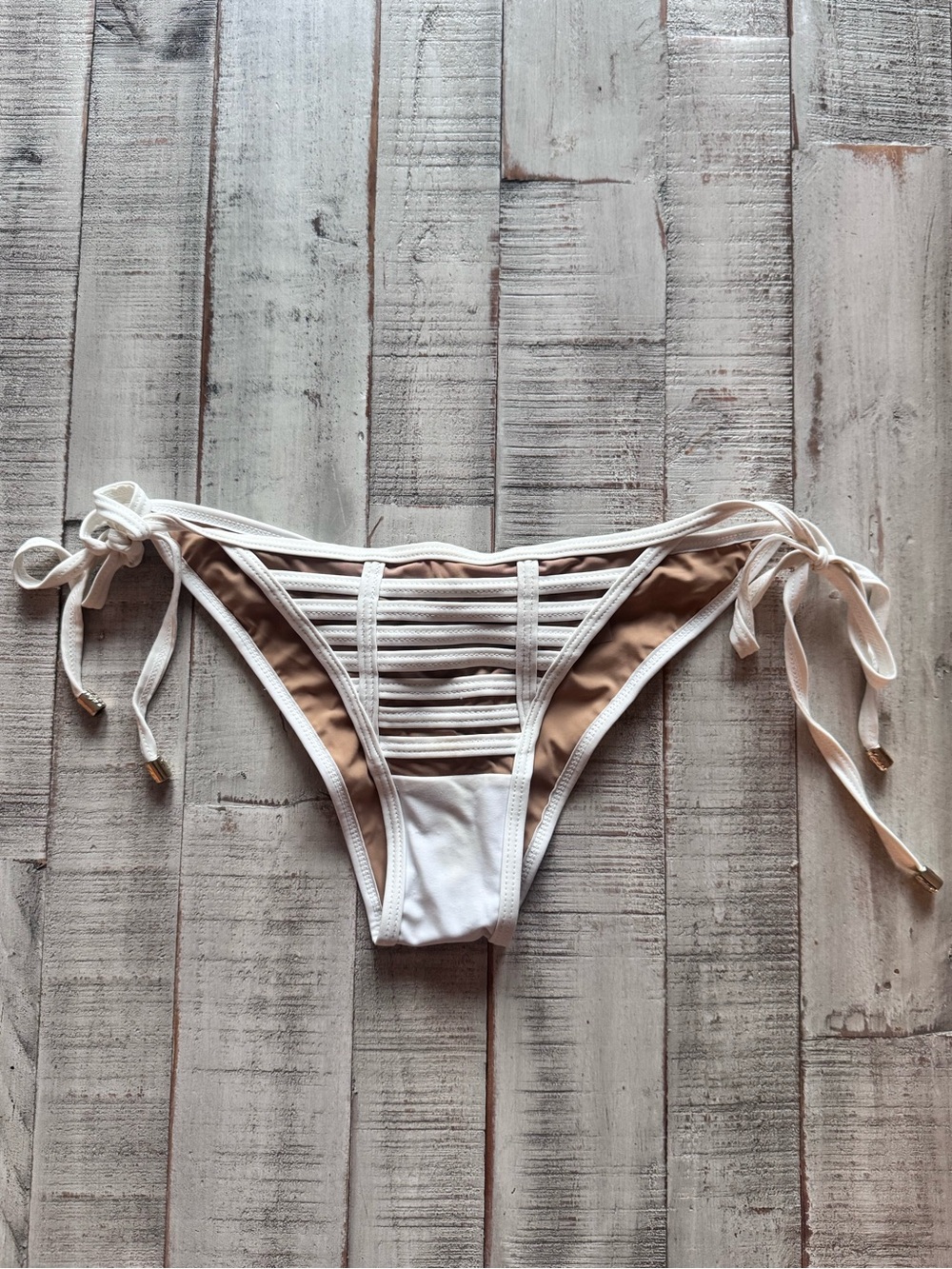 Beach Bunny White and Tan Strappy Side-Tie Bikini Bottom